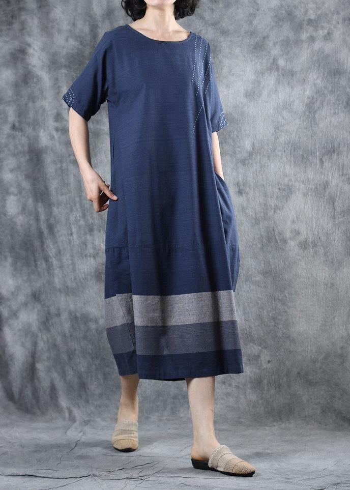 Women blue cotton clothes For Women patchwork long summer Dresses - SooLinen