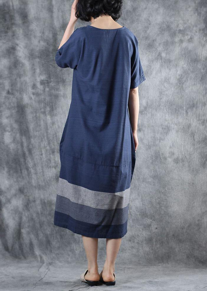Women blue cotton clothes For Women patchwork long summer Dresses - SooLinen