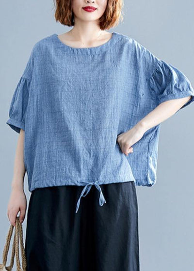Women blue cotton tunics for women o neck drawstring Dresses blouses - SooLinen