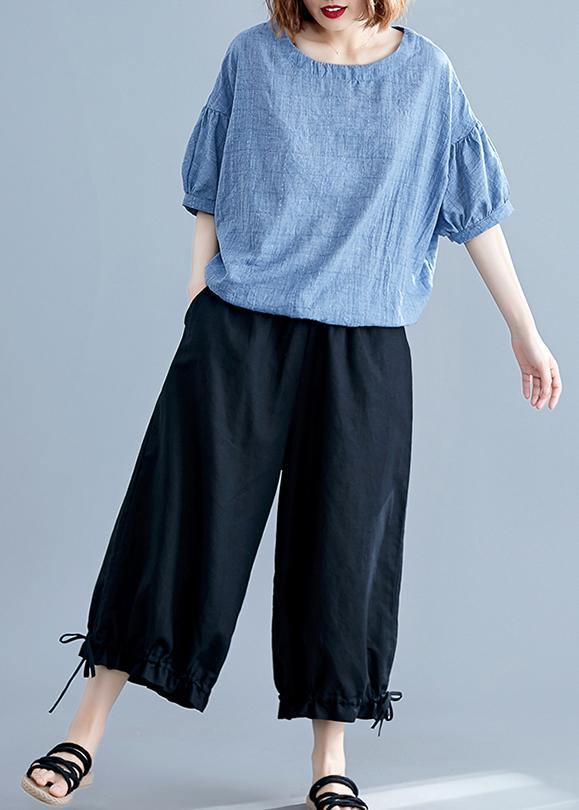 Women blue cotton tunics for women o neck drawstring Dresses blouses - SooLinen