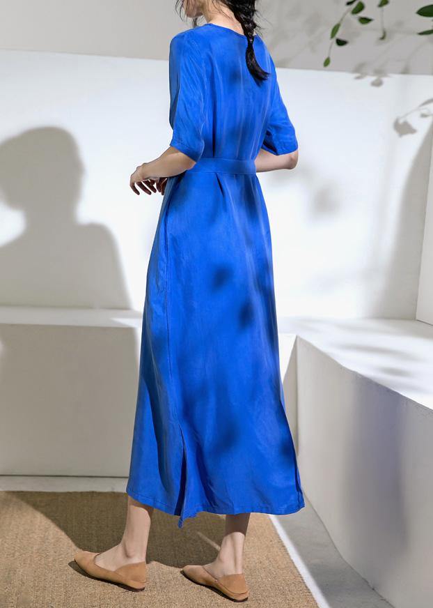 Women blue cotton tunics for women o neck tie waist A Line summer Dress - SooLinen