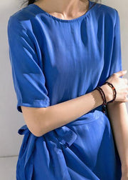 Women blue cotton tunics for women o neck tie waist A Line summer Dress - SooLinen