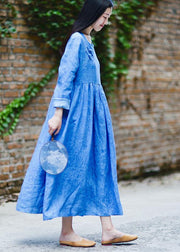 Women blue dresses o neck Cinched long fall Dresses - SooLinen