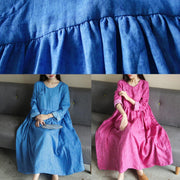 Women blue dresses o neck Cinched long fall Dresses - SooLinen