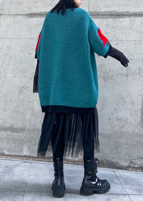 Women blue green Sweater weather plus size patchwork tulle daily sweater dress - SooLinen