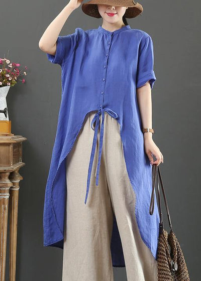 Women blue linen clothes stand collar asymmetric Knee blouses - SooLinen