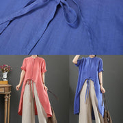 Women blue linen clothes stand collar asymmetric Knee blouses - SooLinen