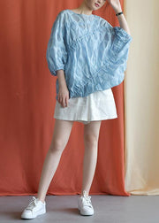 Women blue linen shirts women Batwing Sleeve cotton fall shirts - SooLinen