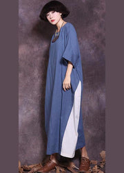 Women blue o neck cotton clothes half sleeve A Line summer Dresses - SooLinen