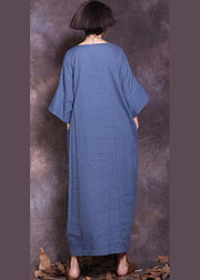 Women blue o neck cotton clothes half sleeve A Line summer Dresses - SooLinen