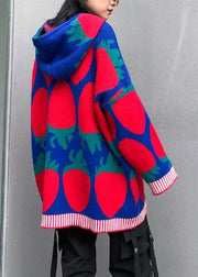 Women blue print Blouse plus size knit tops hooded drawstring tops - SooLinen