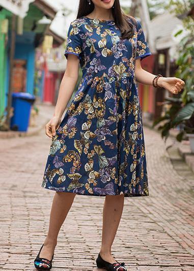 Women blue print cotton clothes o neck Cinched Plus Size Clothing summer Dress - SooLinen