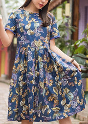 Women blue print cotton clothes o neck Cinched Plus Size Clothing summer Dress - SooLinen