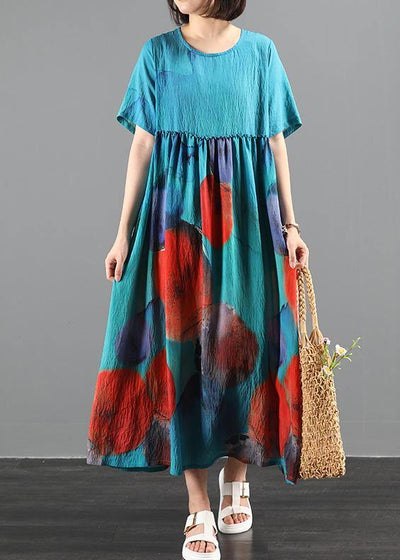 Women blue print cotton dress o neck exra large hem robes summer Dresses - SooLinen