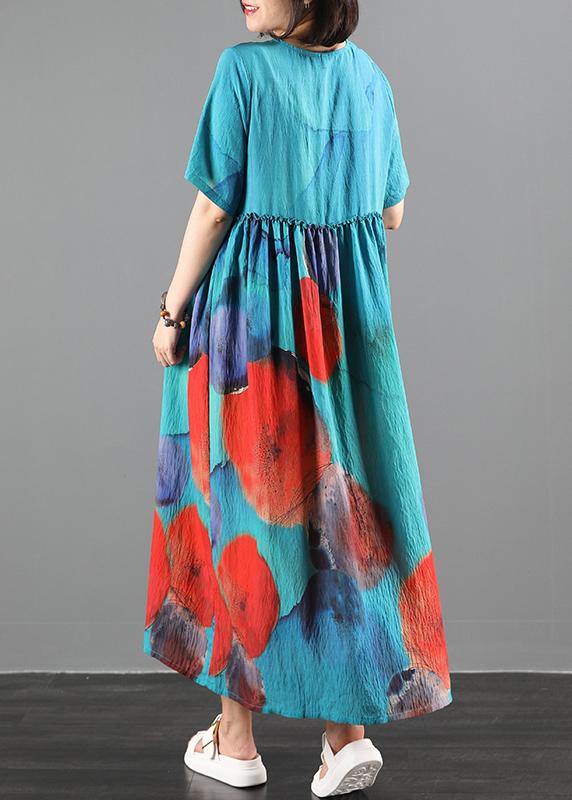 Women blue print cotton dress o neck exra large hem robes summer Dresses - SooLinen