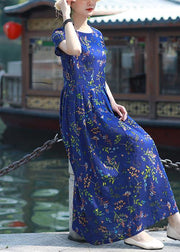 Women blue print cotton linen Tunics o neck Cinched short summer Dress - SooLinen