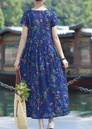 Women blue print cotton linen Tunics o neck Cinched short summer Dress - SooLinen