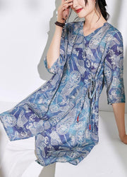 Women blue print cotton linen clothes For Women Photography v neck tie waist shirts - SooLinen