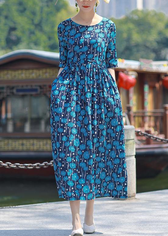 Women blue print cotton outfit o neck drawstring Plus Size summer Dress - SooLinen