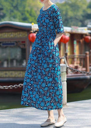 Women blue print cotton outfit o neck drawstring Plus Size summer Dress - SooLinen