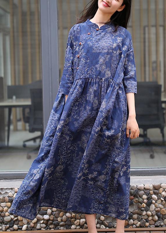 Women blue print cotton quilting clothes stand collar exra large hem Traveling summer Dress - SooLinen