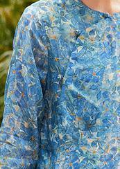 Women blue print linen Shirts o neck side open short summer Dresses - SooLinen