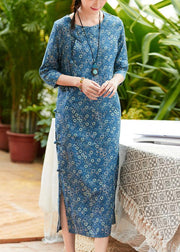 Women blue print linen clothes For Women o neck Chinese Button Plus Size summer Dress - SooLinen