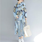 Women blue prints chiffon clothes For Women fine Inspiration lapel collar tunic low high design shirt