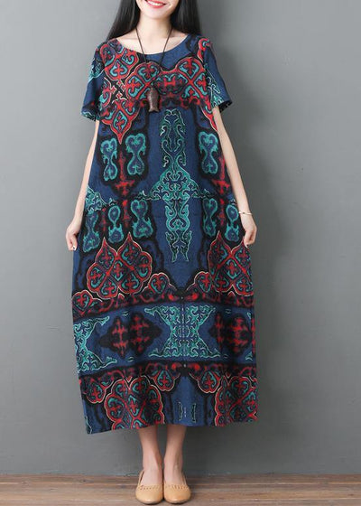 Women blue prints cotton Robes o neck Maxi summer Dresses - SooLinen