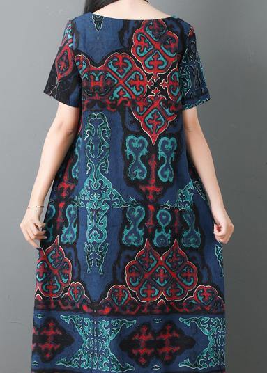 Women blue prints cotton Robes o neck Maxi summer Dresses - SooLinen