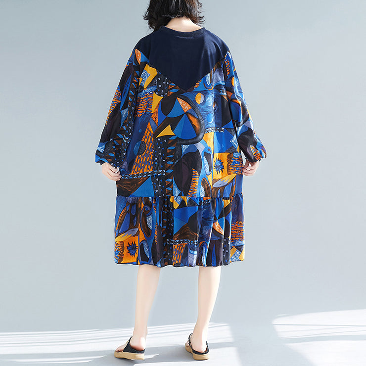 Women blue prints cotton clothes stylish pattern ruffles Kaftan patchwork o neck Dresses