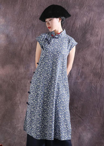 Women blue prints cotton dresses Chinese Button Traveling summer Dress - SooLinen