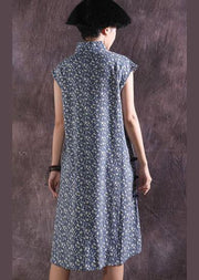 Women blue prints cotton dresses Chinese Button Traveling summer Dress - SooLinen