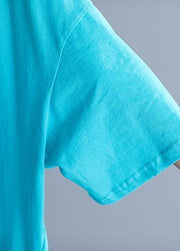 Women blue prints cotton dresses side open cotton summer Dresses - SooLinen