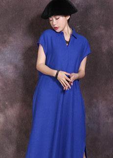 Women blue side open cotton linen dresses lapel collar summer Dresses - SooLinen
