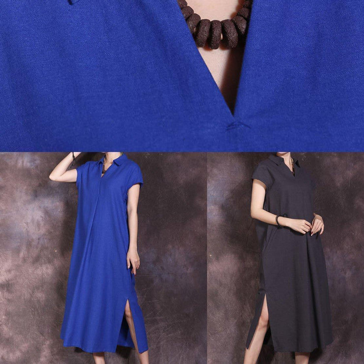 Women blue side open cotton linen dresses lapel collar summer Dresses - SooLinen