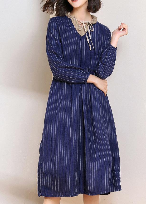 Women blue striped linen dresses v neck Dresses patchwork  Dresses - SooLinen
