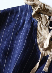 Women blue striped linen dresses v neck Dresses patchwork  Dresses - SooLinen