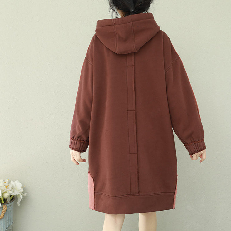 Women brown Cotton Wardrobes Vintage Photography hooded thick short Dress