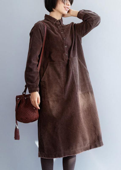 Women brown cotton Wardrobes side open Robe lapel collar Dresses - SooLinen