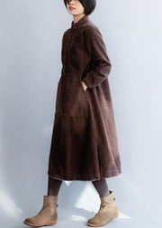 Women brown cotton Wardrobes side open Robe lapel collar Dresses - SooLinen