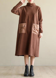 Women brown cotton clothes high neck patchwork Dress - SooLinen