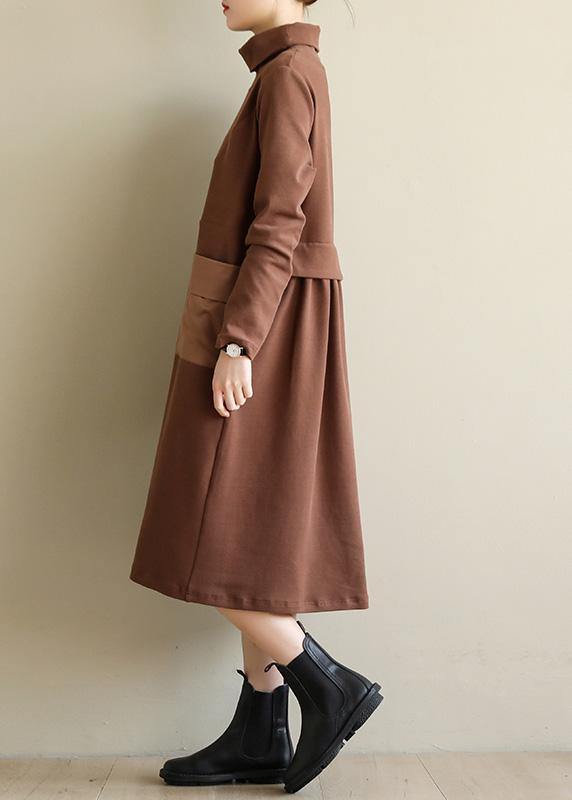 Women brown cotton clothes high neck patchwork Dress - SooLinen