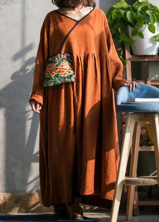 Women brown cotton linen quilting dresses o neck embroidery spring Dresses - SooLinen