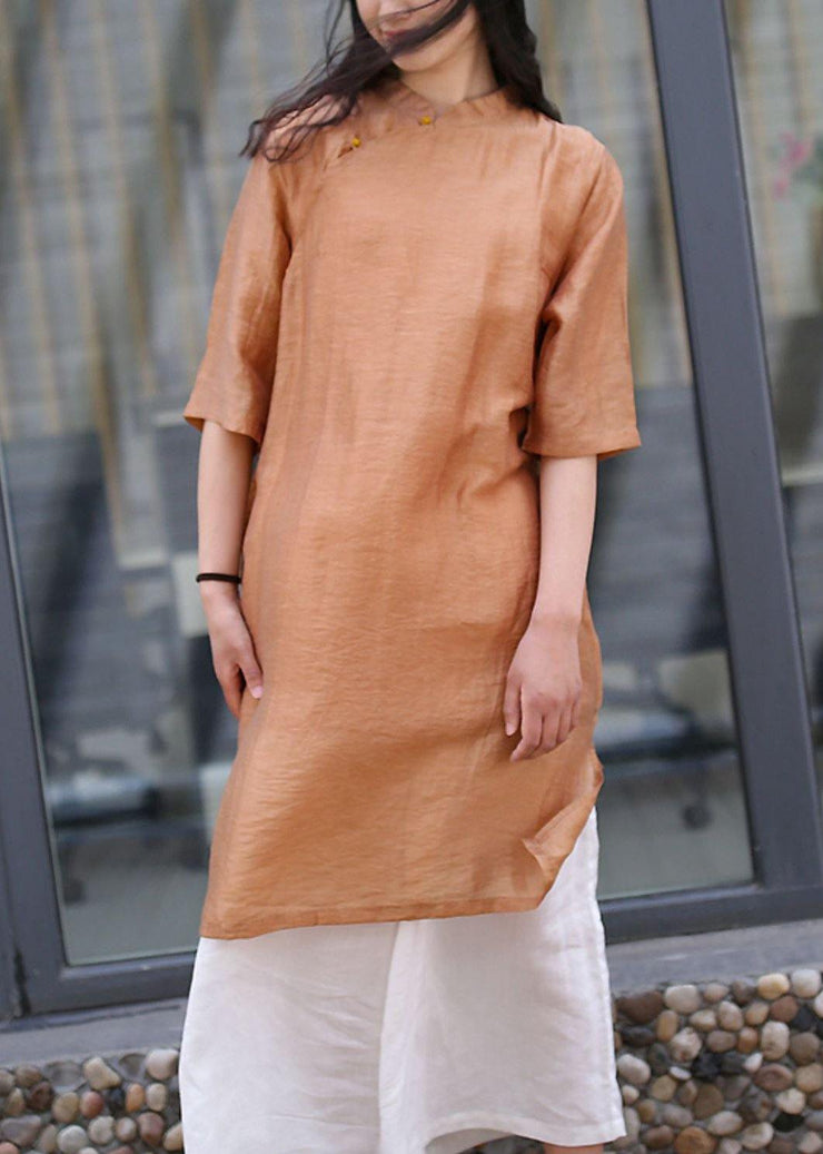 Women brown linen outfit stand collar side open Art Dress - SooLinen