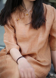 Women brown linen outfit stand collar side open Art Dress - SooLinen