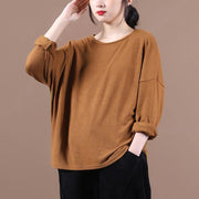 Women brown shirts o neck baggy cotton fall shirts - SooLinen