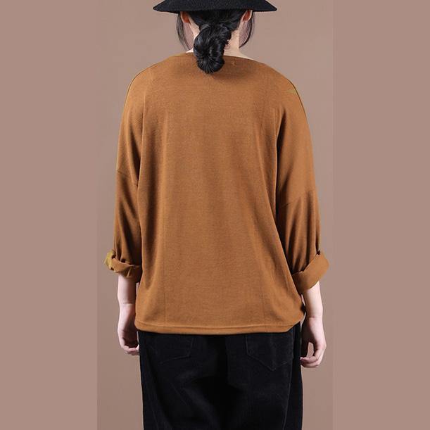 Women brown shirts o neck baggy cotton fall shirts - SooLinen
