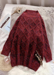 Women burgundy Sweater outfits plus size o neck thick Art  knitted tops - SooLinen