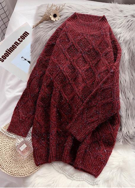 Women burgundy Sweater outfits plus size o neck thick Art  knitted tops - SooLinen